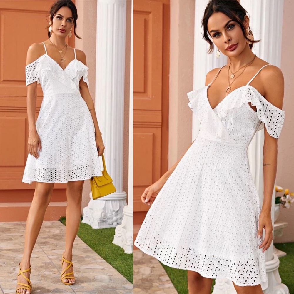 White embroidered cold shoulder cami dress midi - Picture 2 of 5